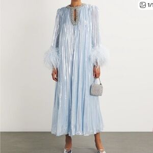 Self-Portrait Blue Metallic Chiffon Feather Midi Dress